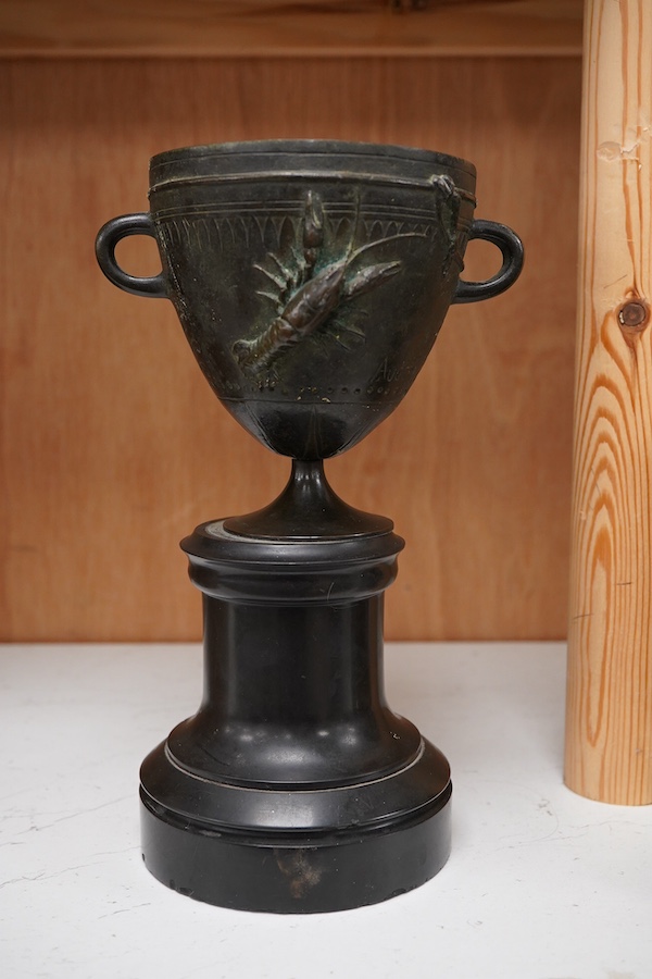 A 19th century French bronze twin handled vase signed Augur, cast with crayfish on black slate plinth, 22cm